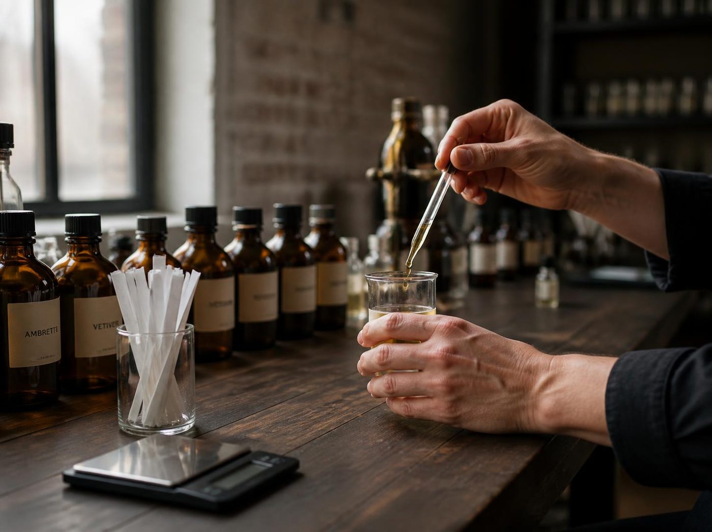 Hands at a perfumer's bench, a dropper releasing a drop of oil into a beaker beside labelled amber bottles, blotters and a scale